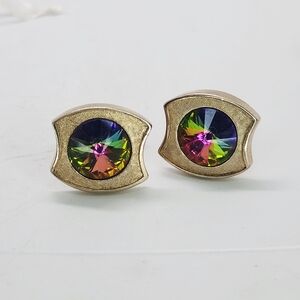 Vtg Shields Watermelon Glass Rivoli Aurora Borealis Gold Tone Cufflinks